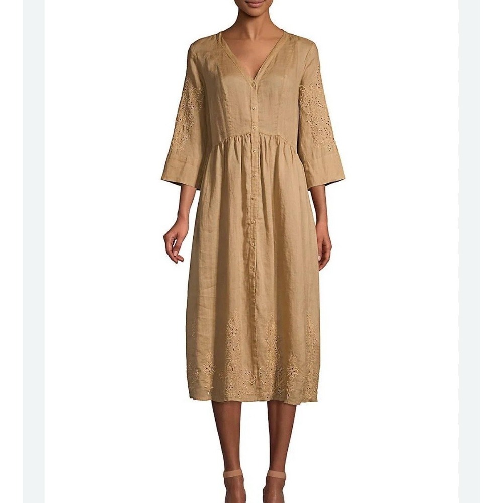 Jade by Johnny Was Inbar Linen Eyelet‎ Midi Dress Small S